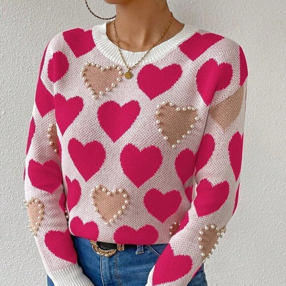 Hot Pink Casual Womens Heart Embroidery Beaded Pullover Sweater - Picture 5 of 5